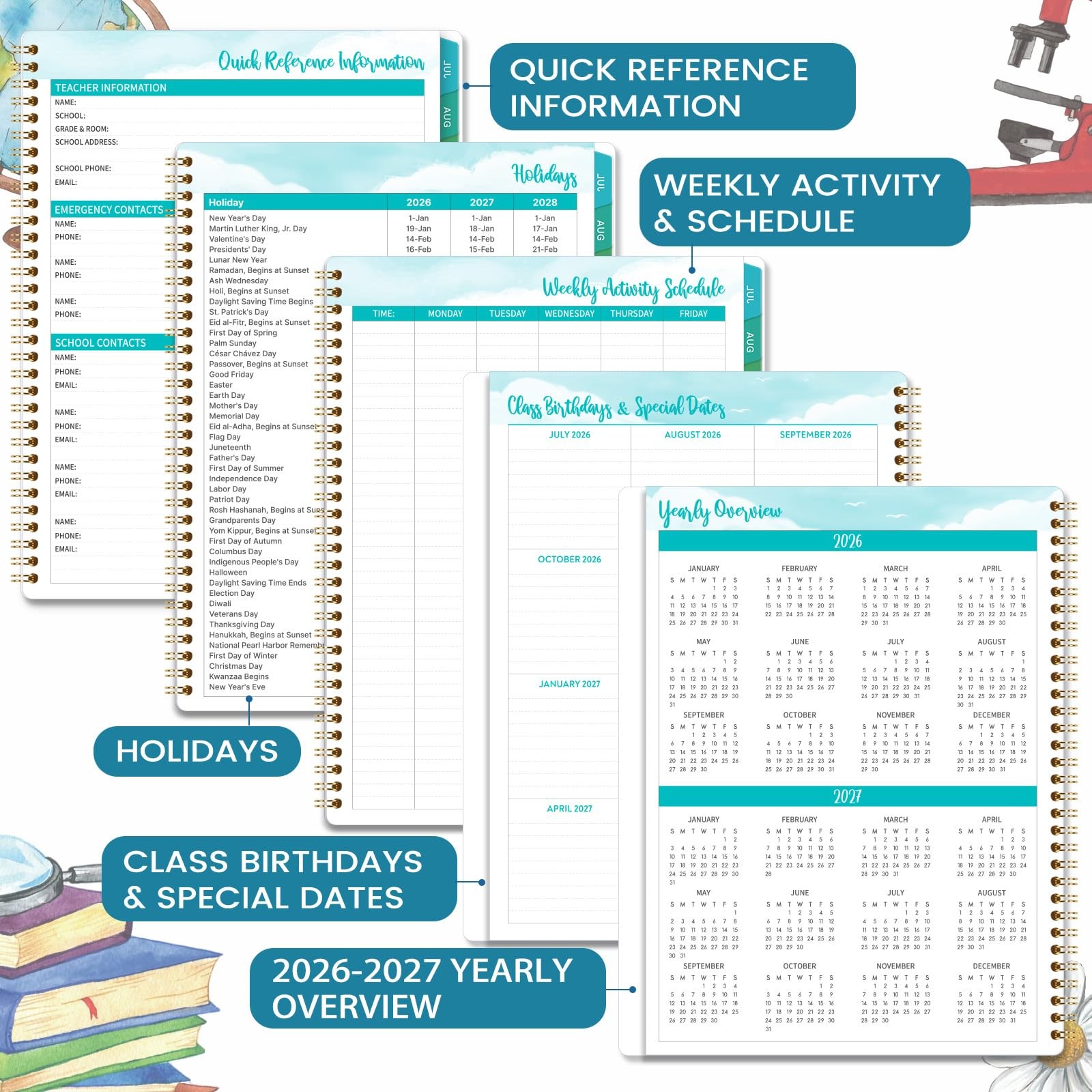 2026-2027 Teacher Planner, July 2026 – June 2027, 8.5″ x 11″, Multicolored