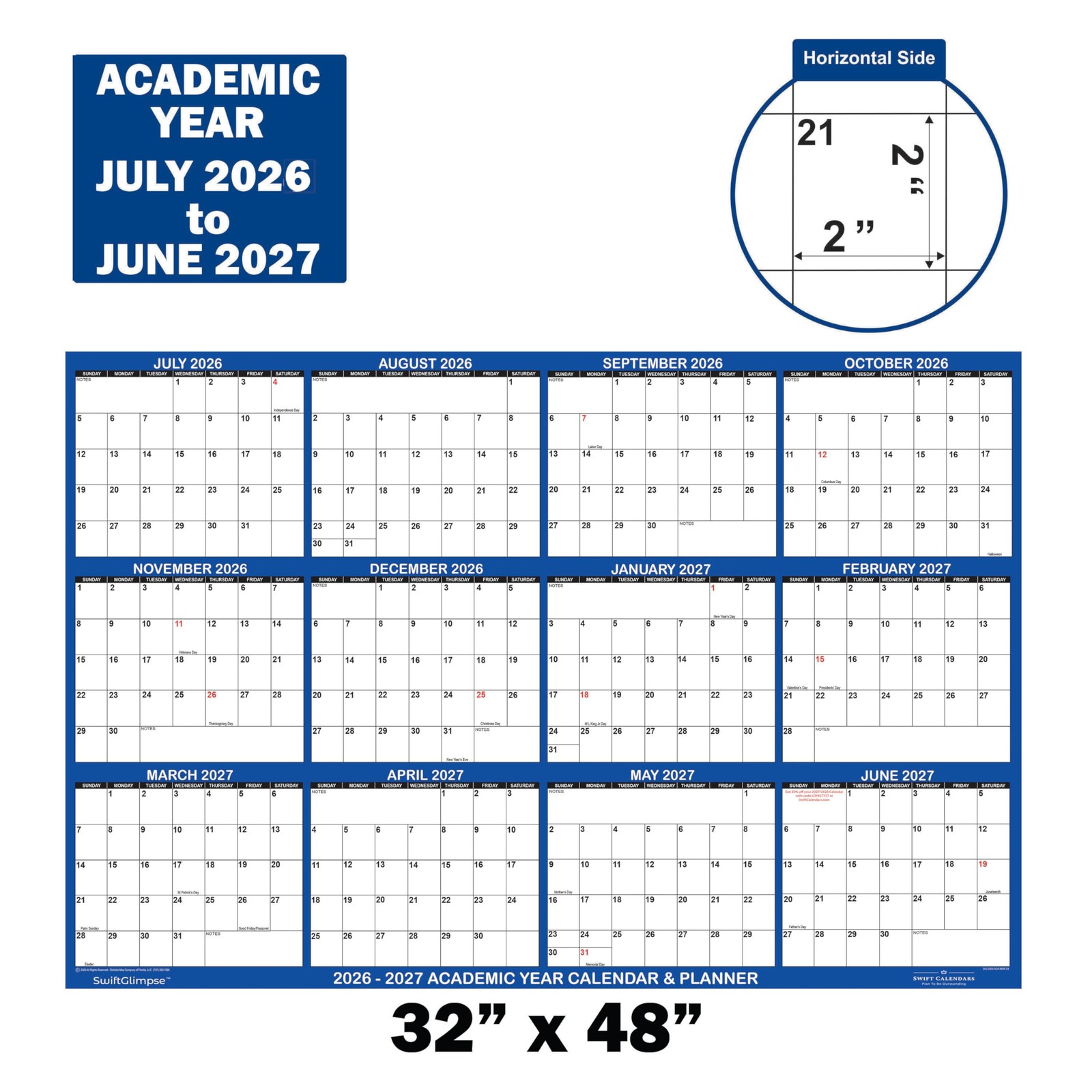 Swiftmaps 32X48 Swiftglimpse 2026-2027 Academic Wall Calendar Erasable Xlarge