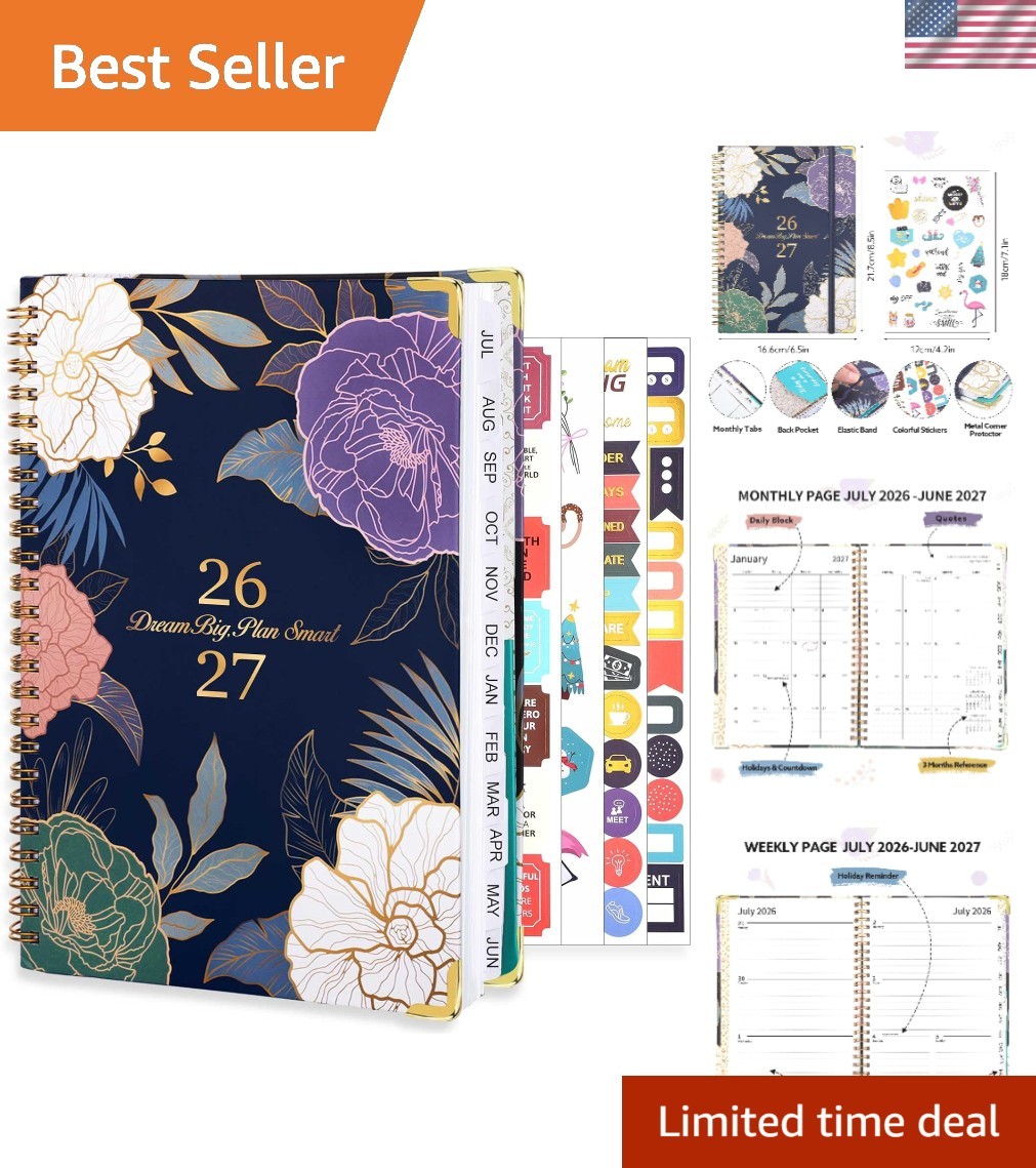 Stylish Blue Flower 2026-2027 Planner – A5 Weekly & Monthly Organizer with Tabs