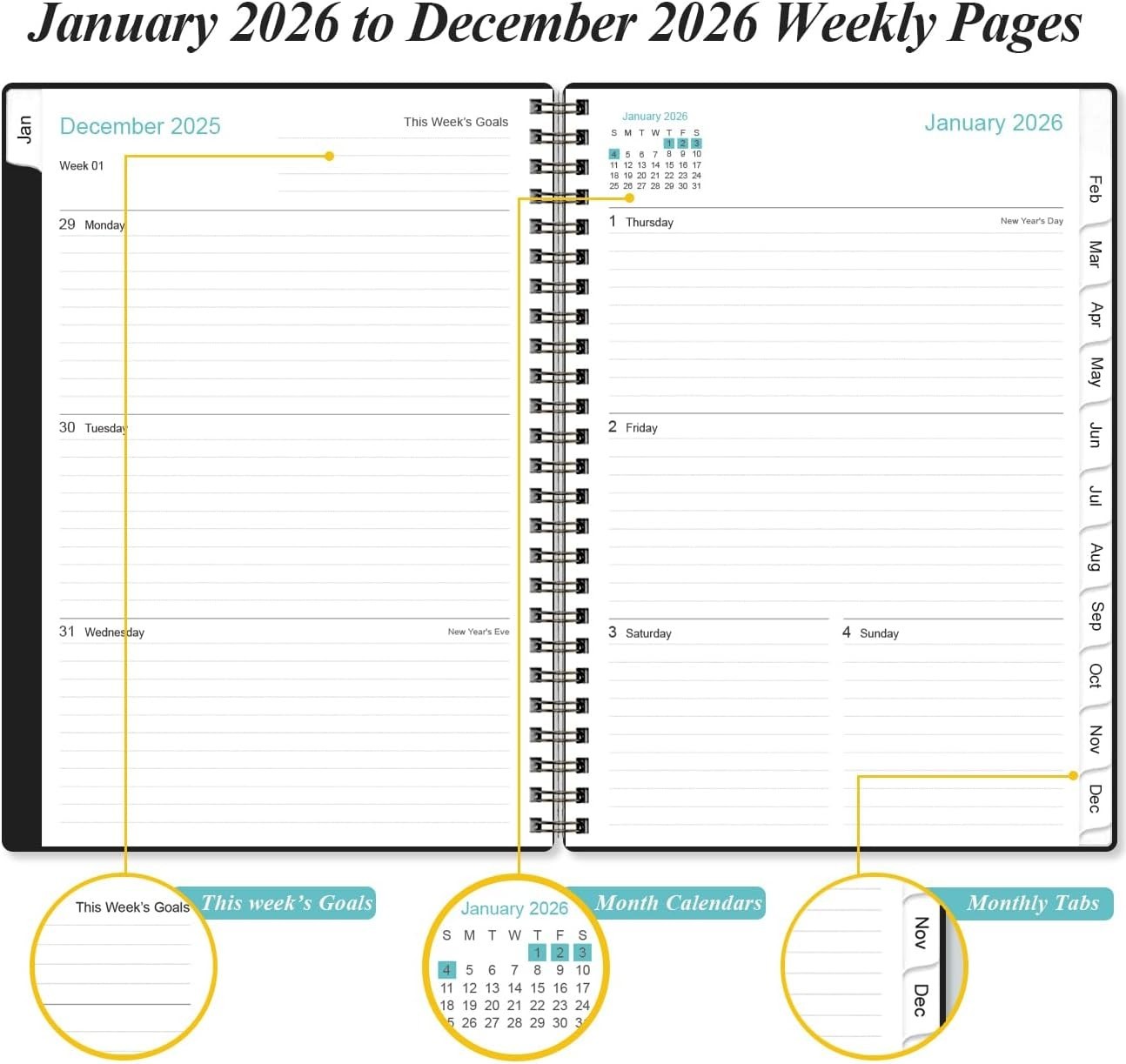 Sleek Black-E 2026 Planner: Compact Weekly & Monthly Organizer, 6.4″ x 8.5″