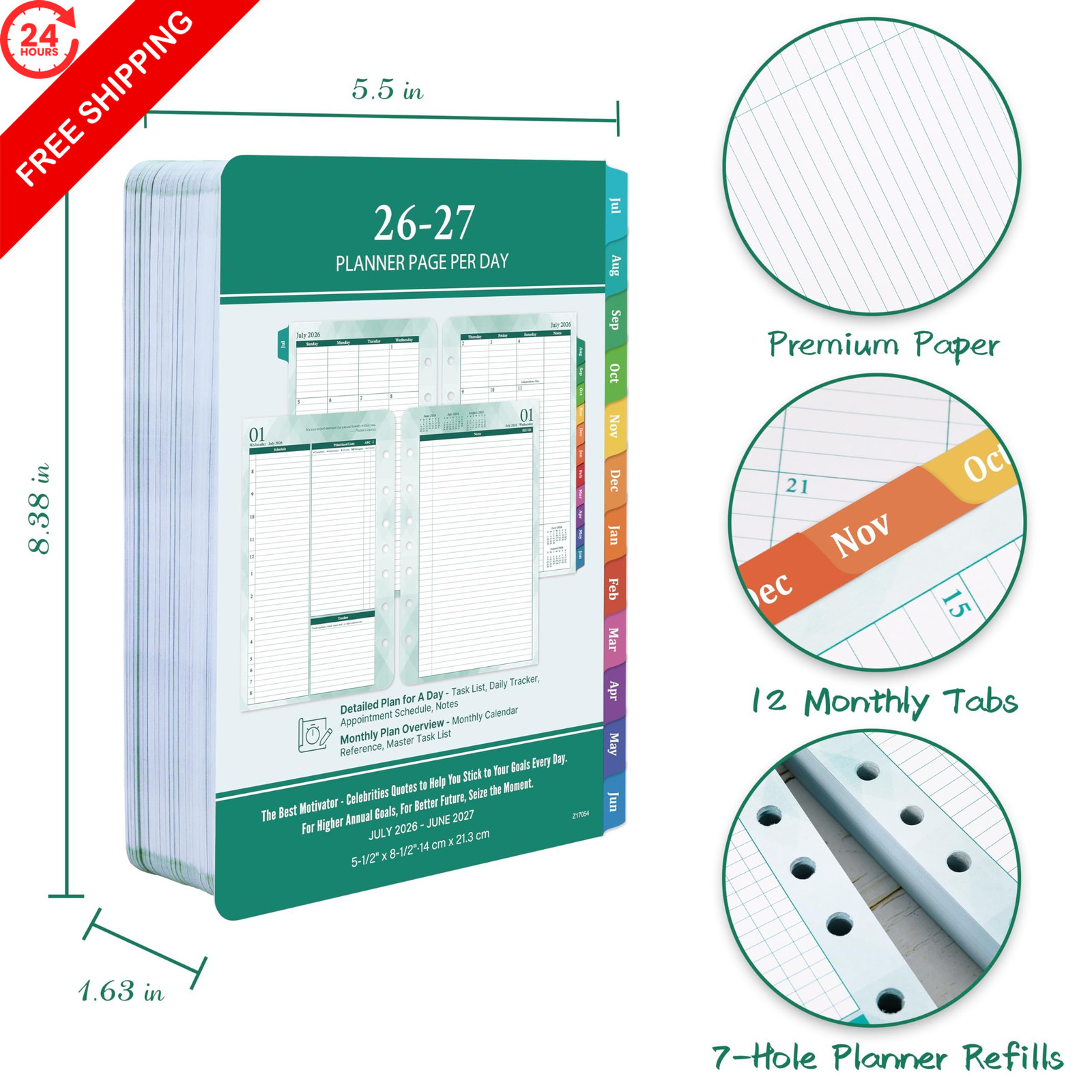 2026-2027 Planner Refills – Jul.2026 – Jun.2027, Two Pages Per Day A5, Green