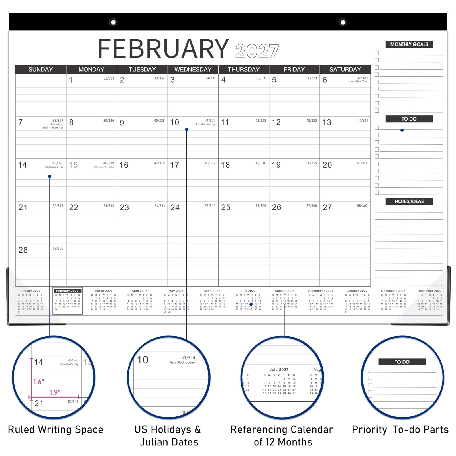 2026-2027 Desk Calendar – 2026-2027, July 2026 – black & White