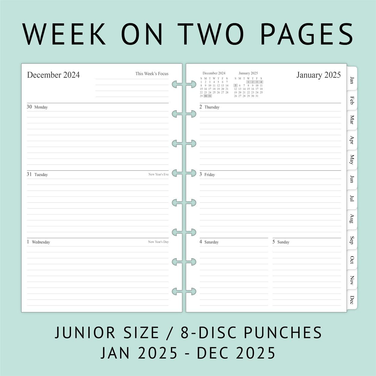 2025 Weekly & Monthly Planner Refill for 8-Discbound Planners, Two Pages per Wee