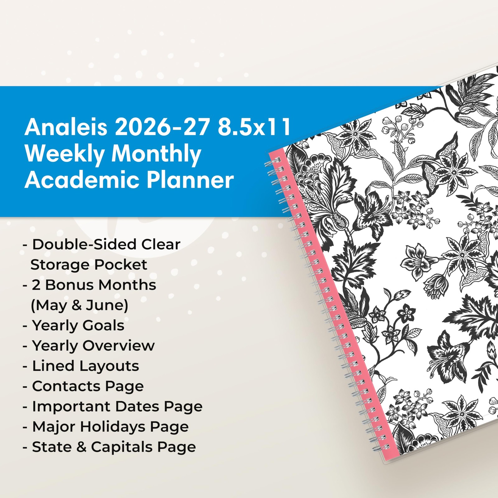 Blue Sky 2026-2027 Weekly and Monthly Academic 8.5″ x 11″, Analeis- 2026/2027