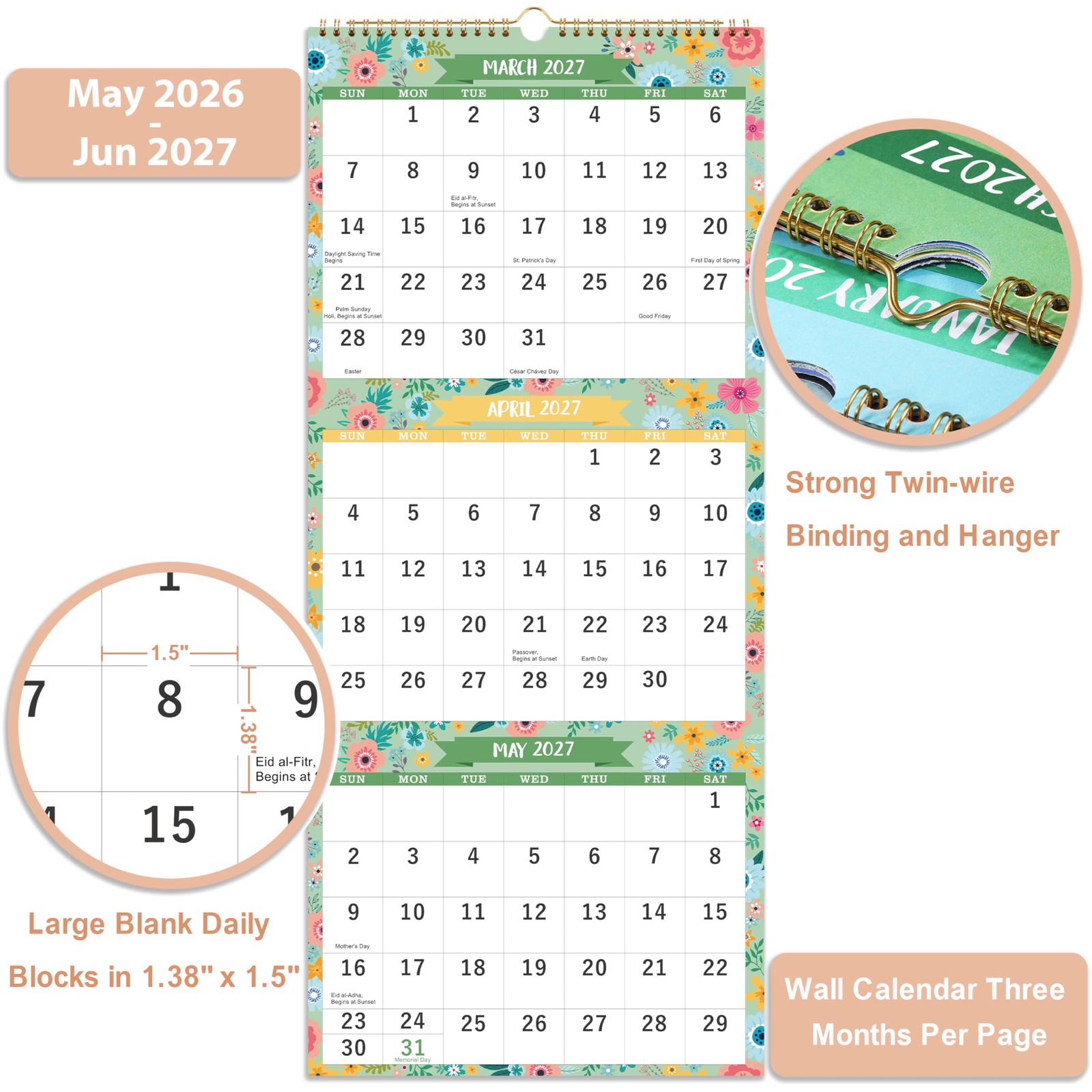 Calendar 2026-2027 – MAY 2026 – JUNE 2027, 3 Month Display Black