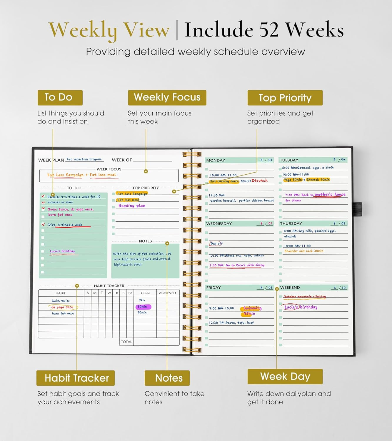 Undated Weekly and Monthly Planner, B5 Large Weekly To Do List Notebook with Goa
