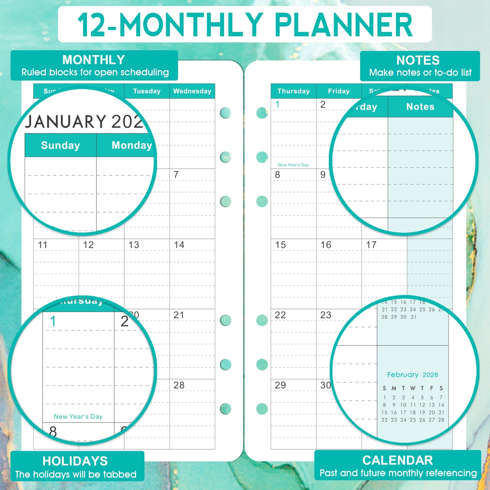 2026 A6 Planner Inserts – Monthly & Weekly Refills, 6-Hole Punched, 3.75″x6.75″