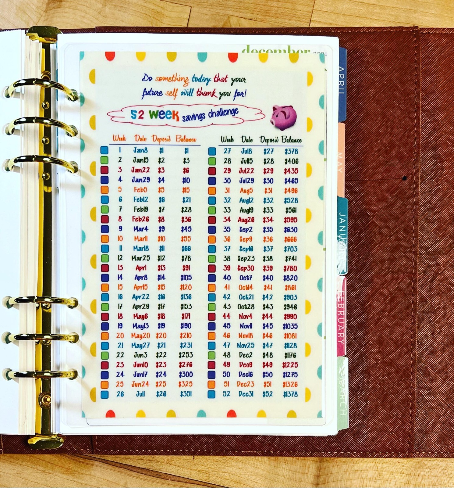 52 Week Savings Challenge Dashboard Insert 4 use with ErinCondren A5 Ring Agenda