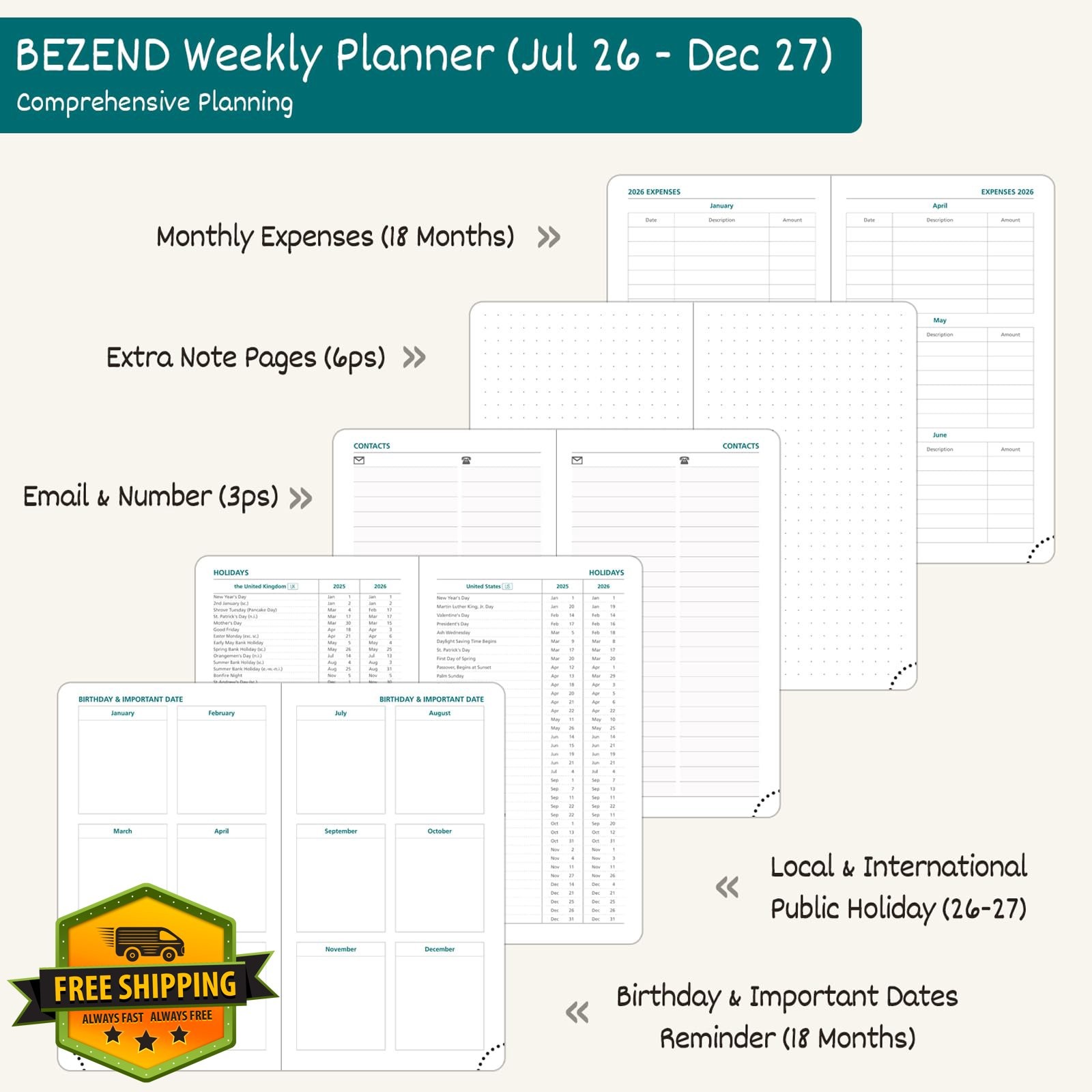 BEZEND Black Pocket Planner 3.5″x6″ Jul 26-Dec 27