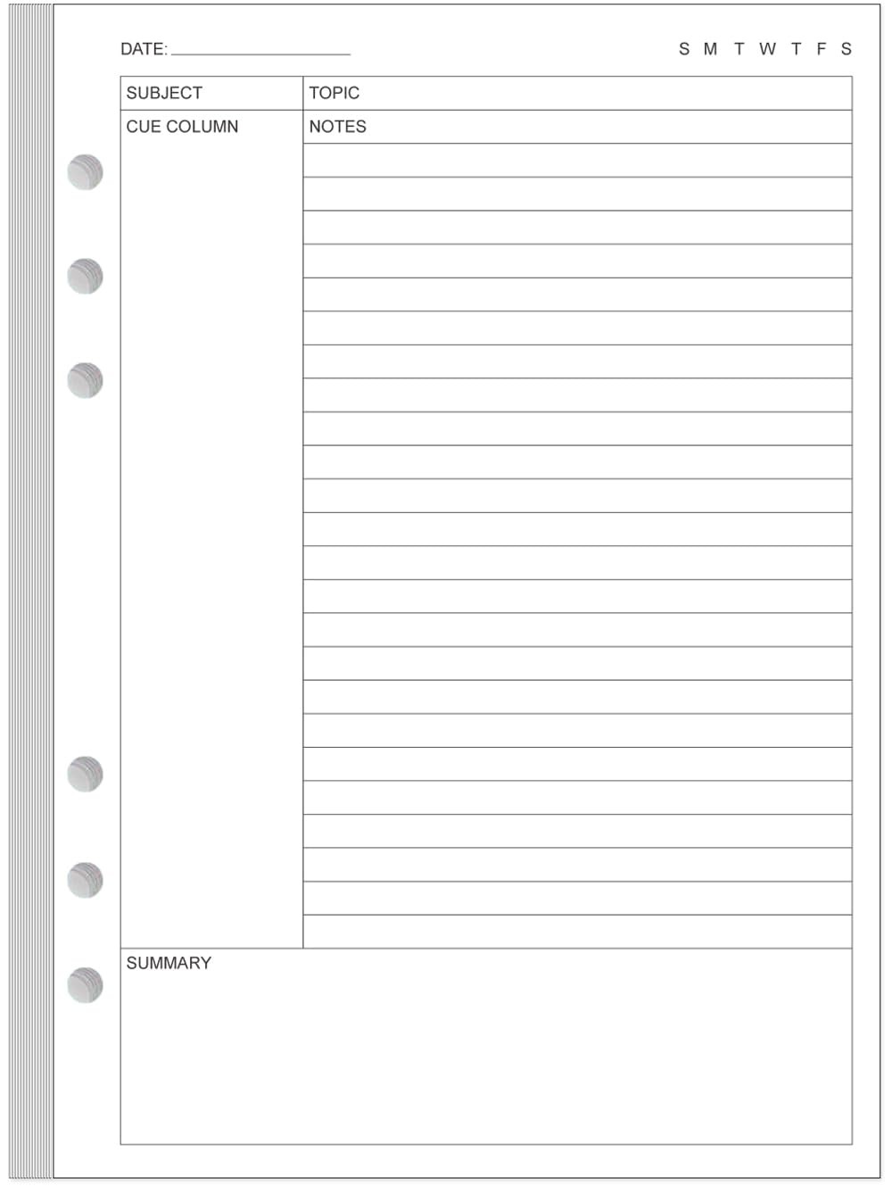 Cornell Notes Filler Paper A5 Binder 6 Hole Refills 50 Sheets 5.8×8.5 Inch