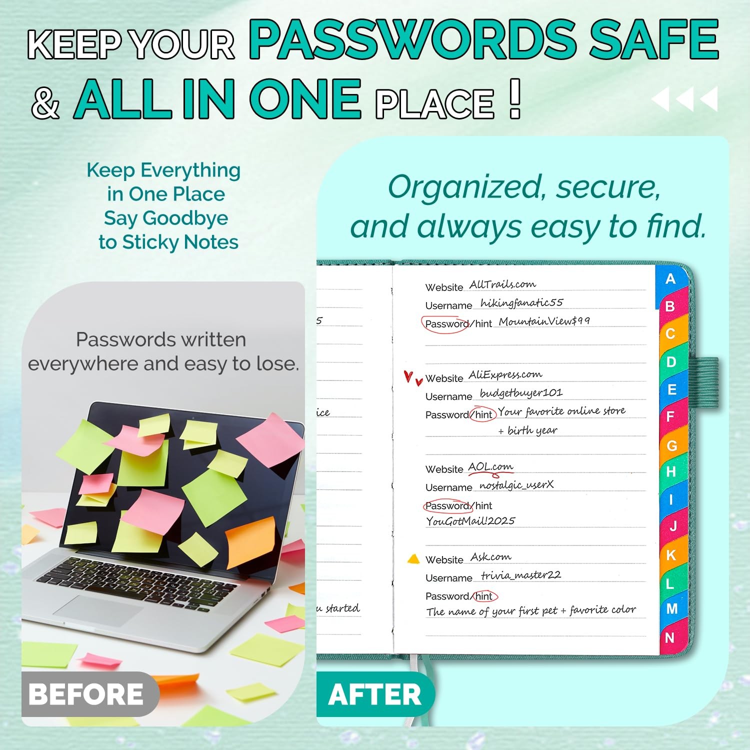 Password Keeper Book with Colorful Alphabetical Tabs, Small Internet Password
