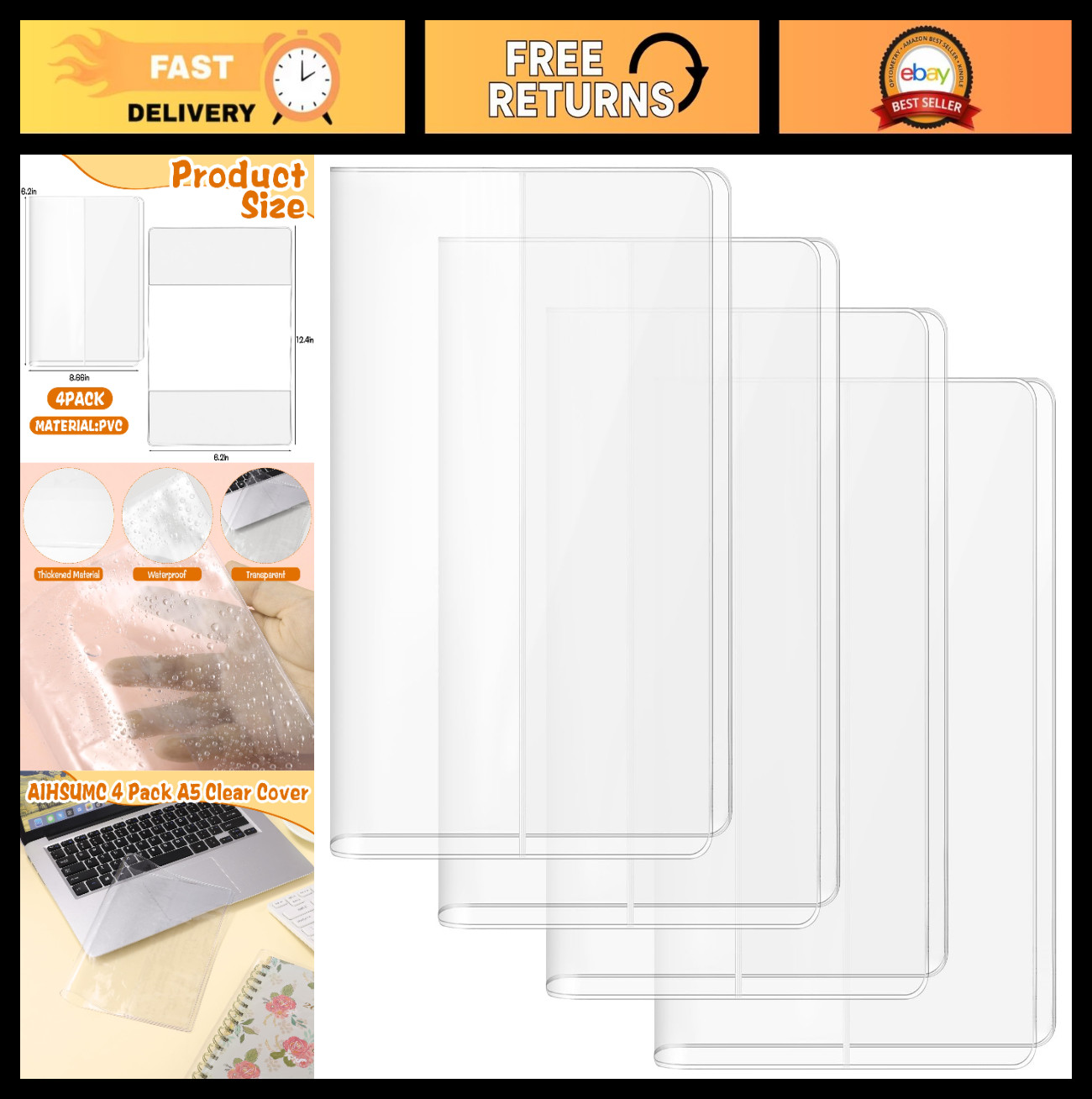 4 Pack A5 Transparent Waterproof Planner Covers, Clear Jelly Notebook Sleeves fo