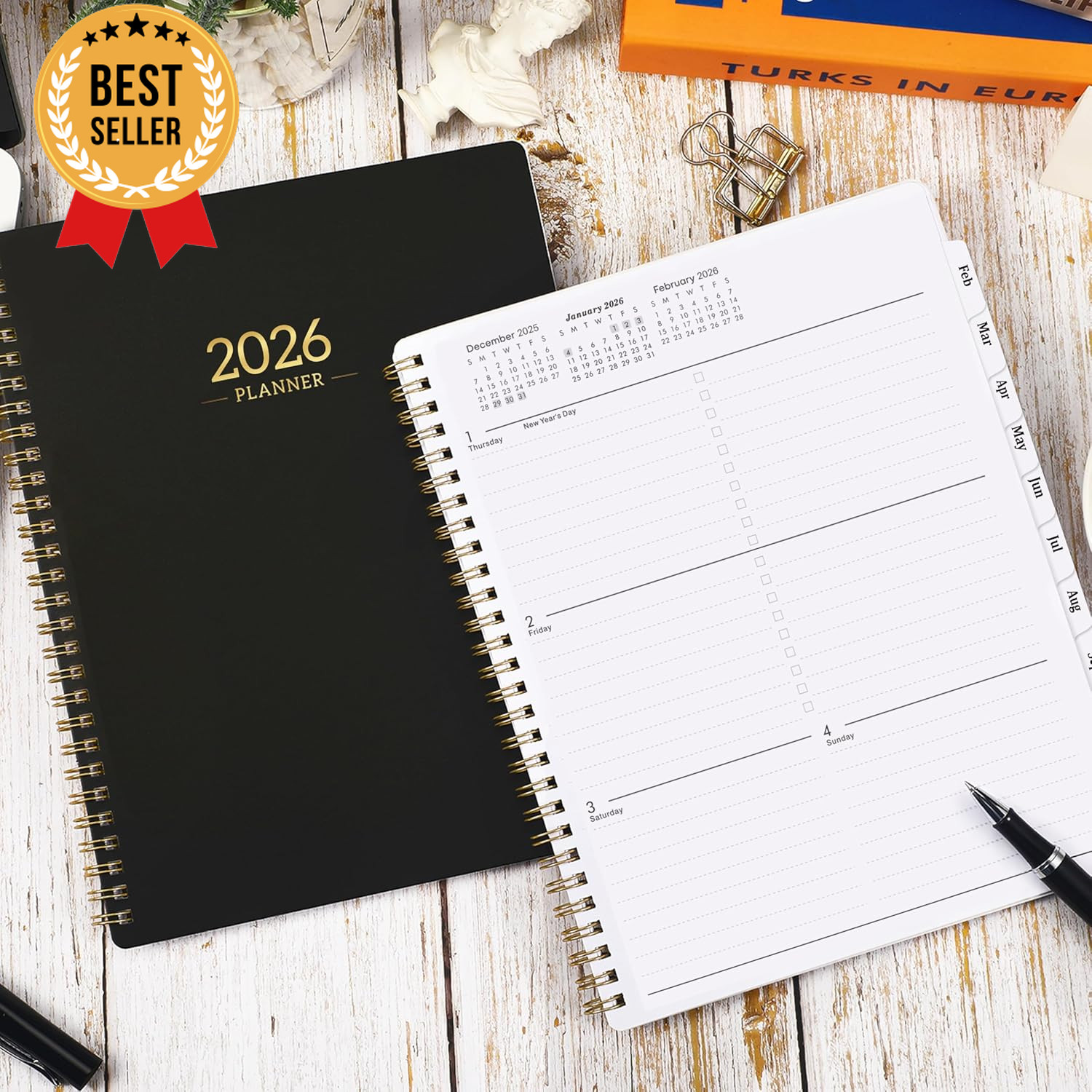 2026 Planner Calendar 8×10 Weekly Monthly Tabs Twin-Wire Binding Black Cover