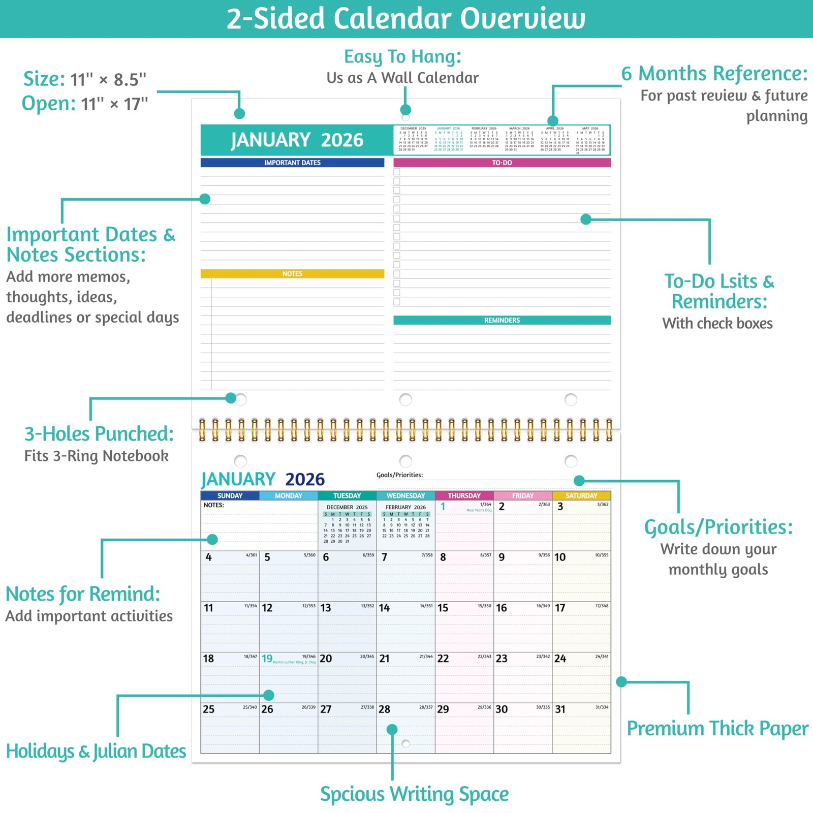 2026 Calendar – 2026 Wall Calendar, 11 x 8.5 In, Jan 2026 – Dec 2026, Small…