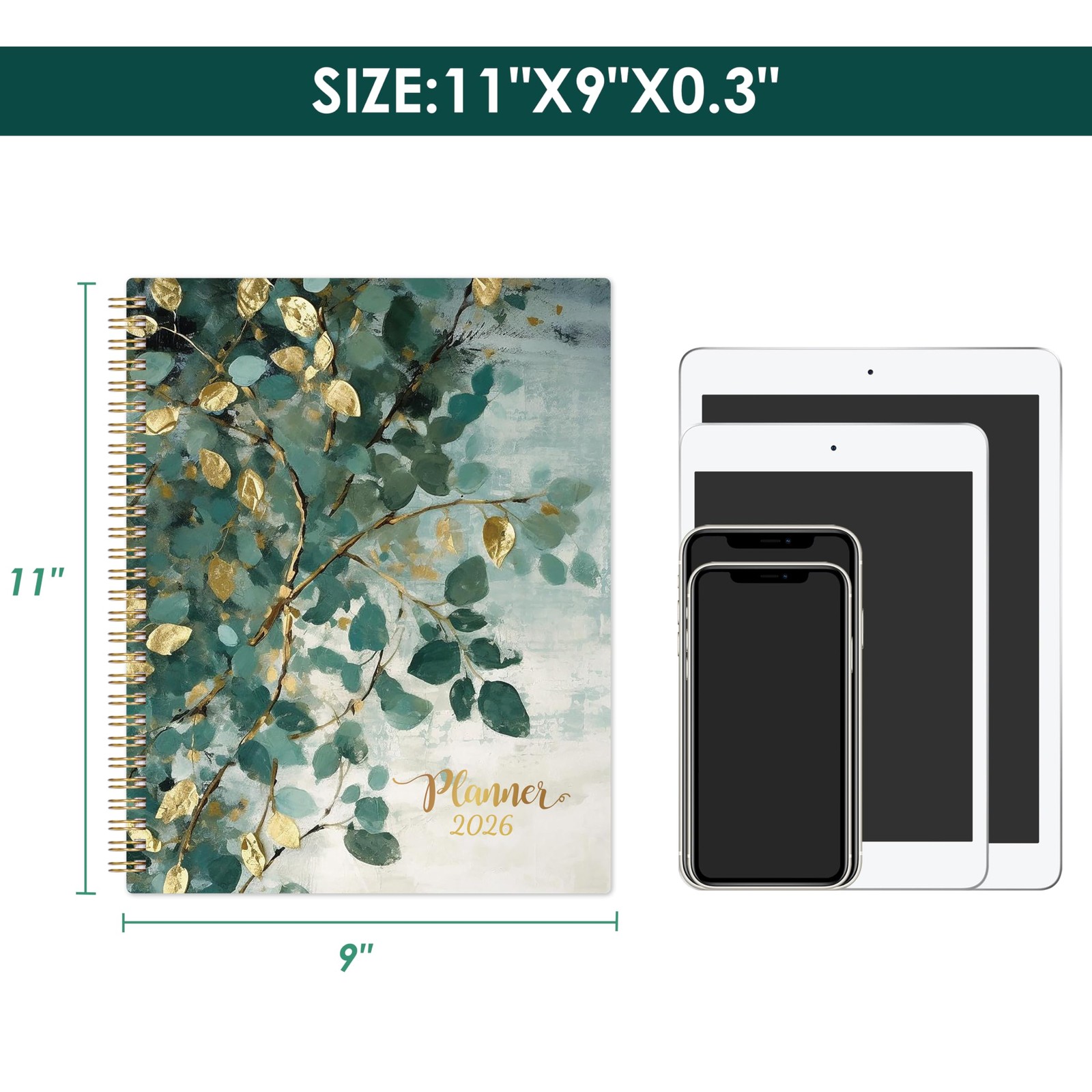 2026 Weekly & Monthly Planner, 9″x11″, Jan-Dec, Tabs, Pocket, Twin-wire Binding