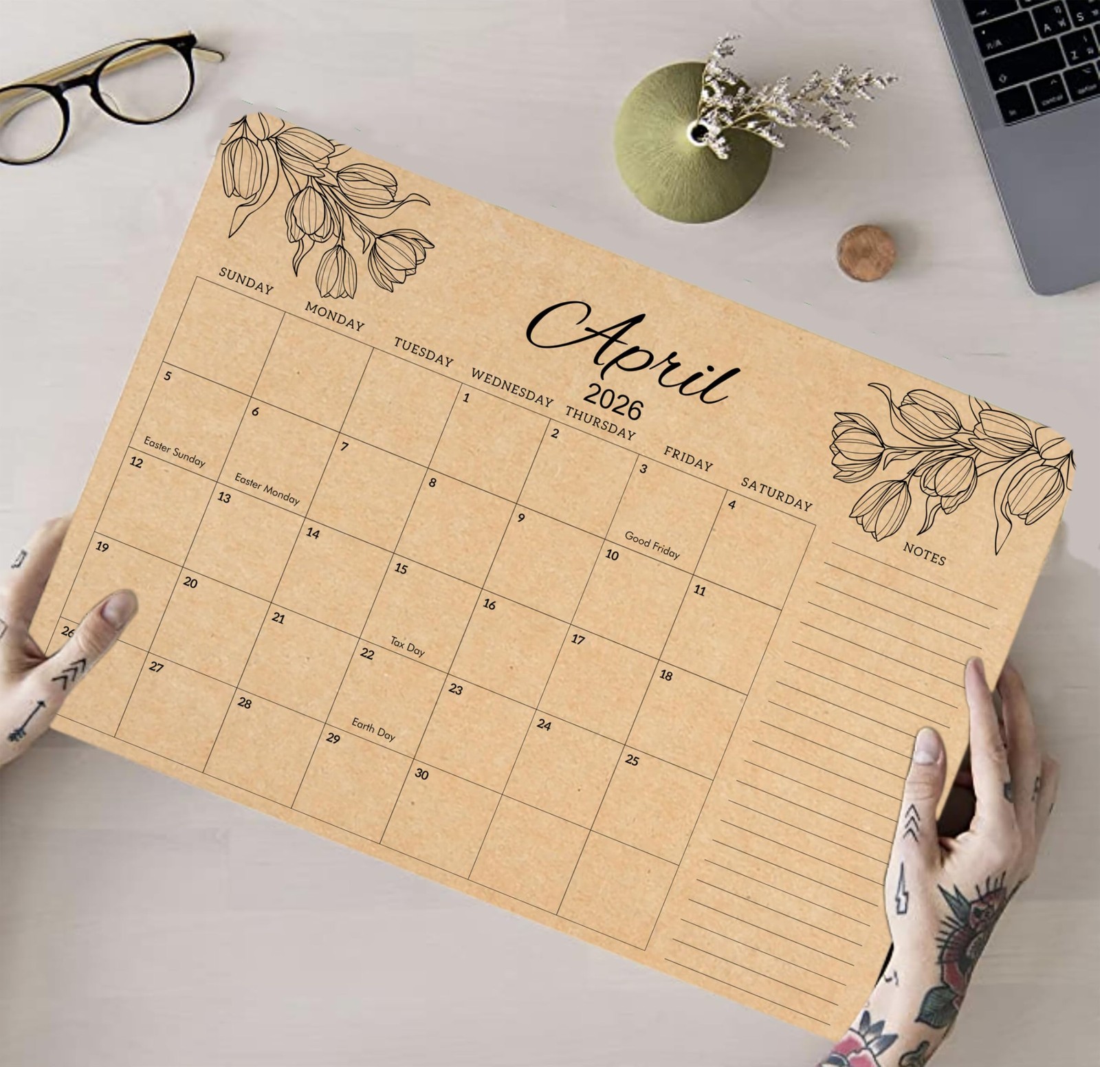 mudrit Desk Calendar 2026, 12 Months Large runs from Large, Brown