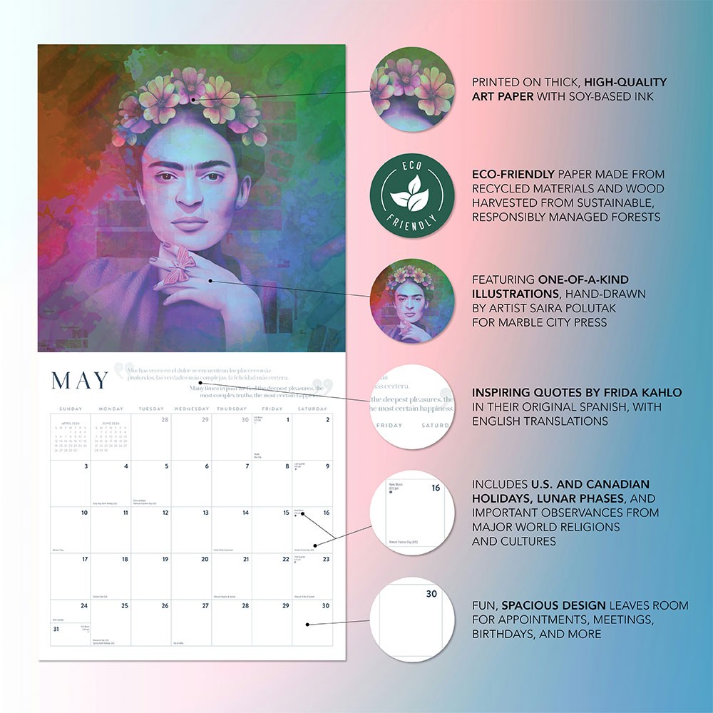 Frida Kahlo Calendar 2026 | 12″ x 24″ 12 Month Calendar | Marble City Press