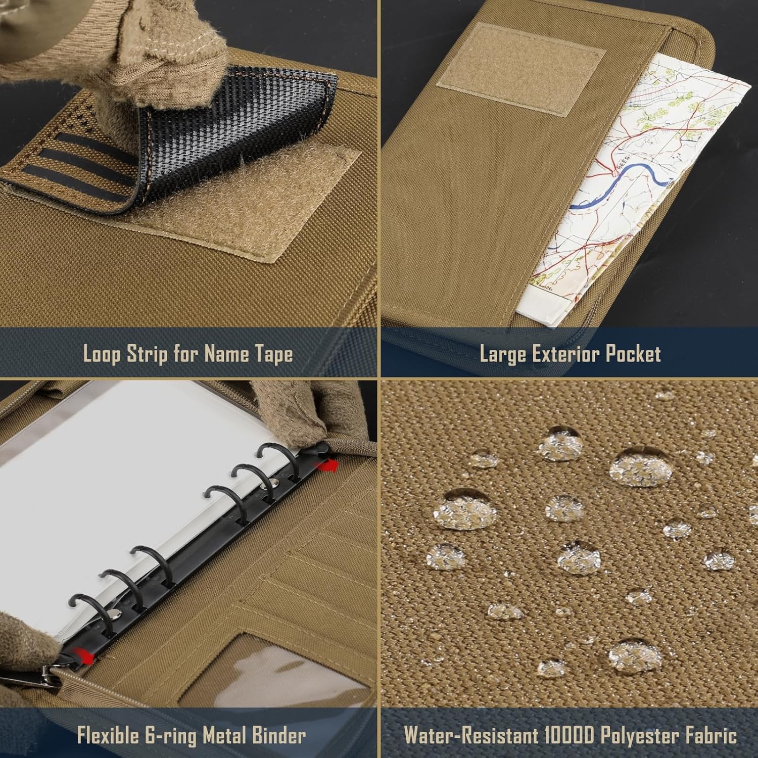 WYNEX Tactical Notebook Padfolio Ring A6（5.5 x 8.5 Inches), Khaki