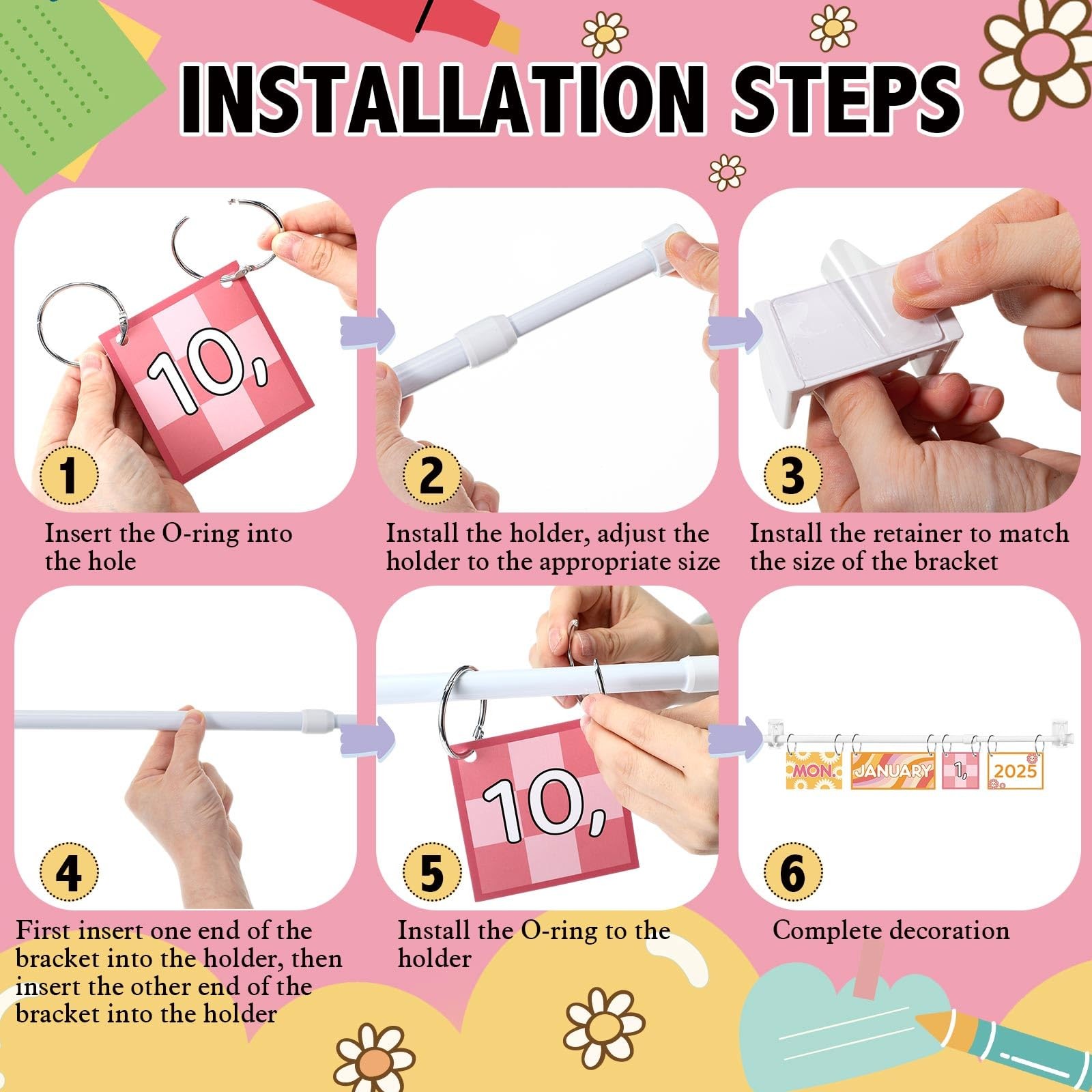 Pink Daisy Flip Classroom Calendar 54 Date Cards Adjustable Holder Bulletin