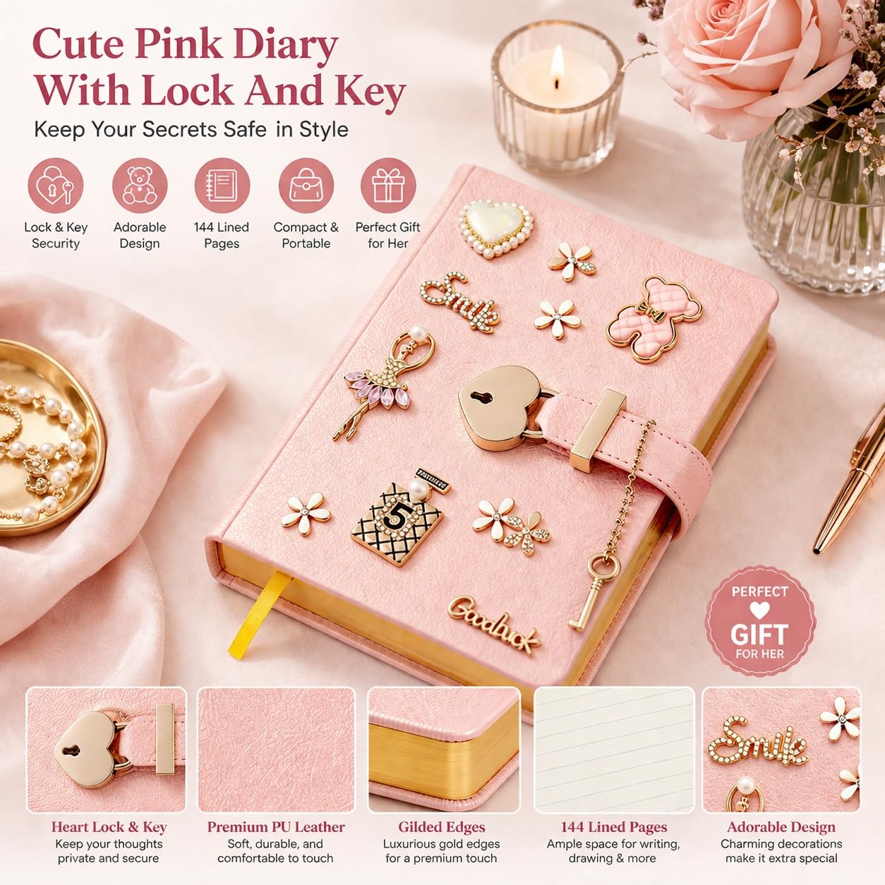 Diary with Lock & Key – 5.31×6.89 Inch, 144 Pages, Pink Heart Journal – Gift Box