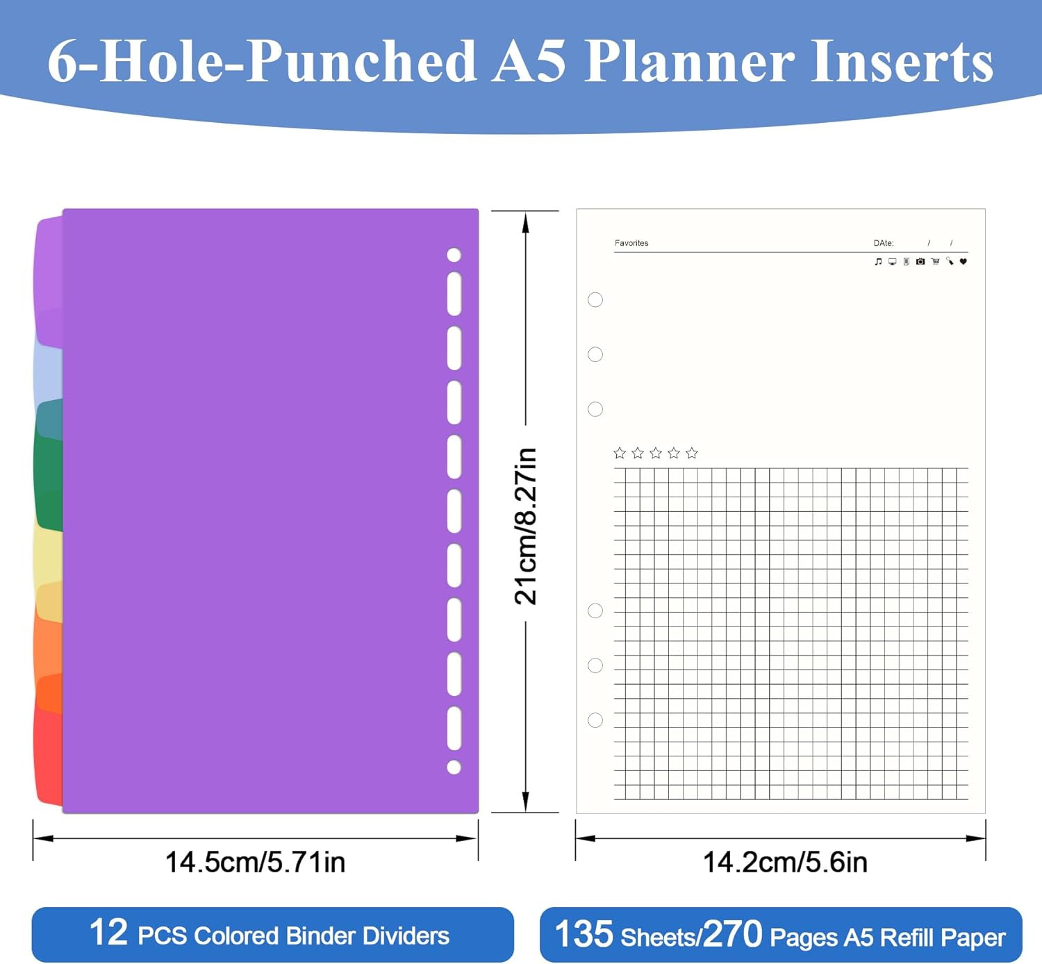 A5 Refill Paper Planner Inserts for A5 6-Ring Binder, 135 Sheets 6-Hole Note Rec