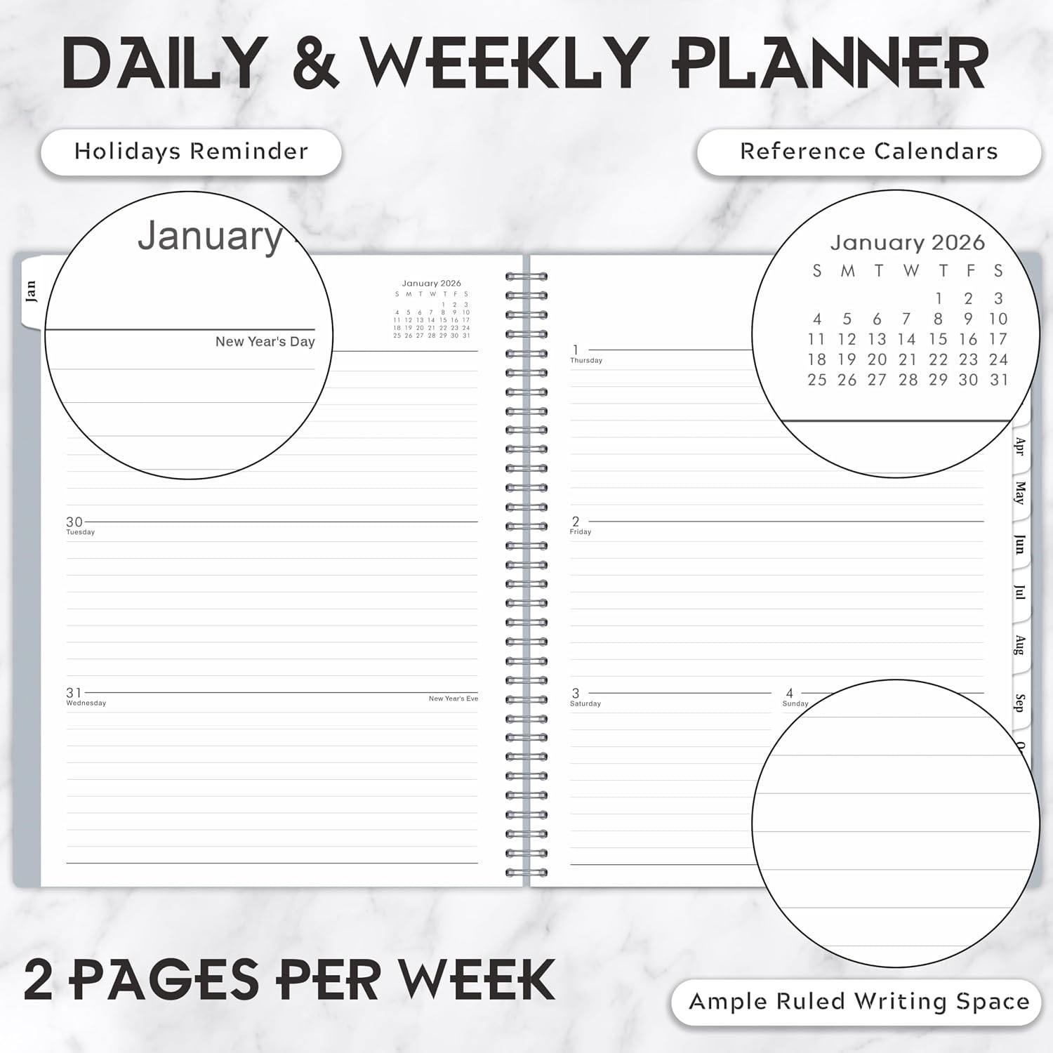 Comprehensive 2026 Planner – Gray, 9″ x 11″ with Easy Access Tabs & Pocket