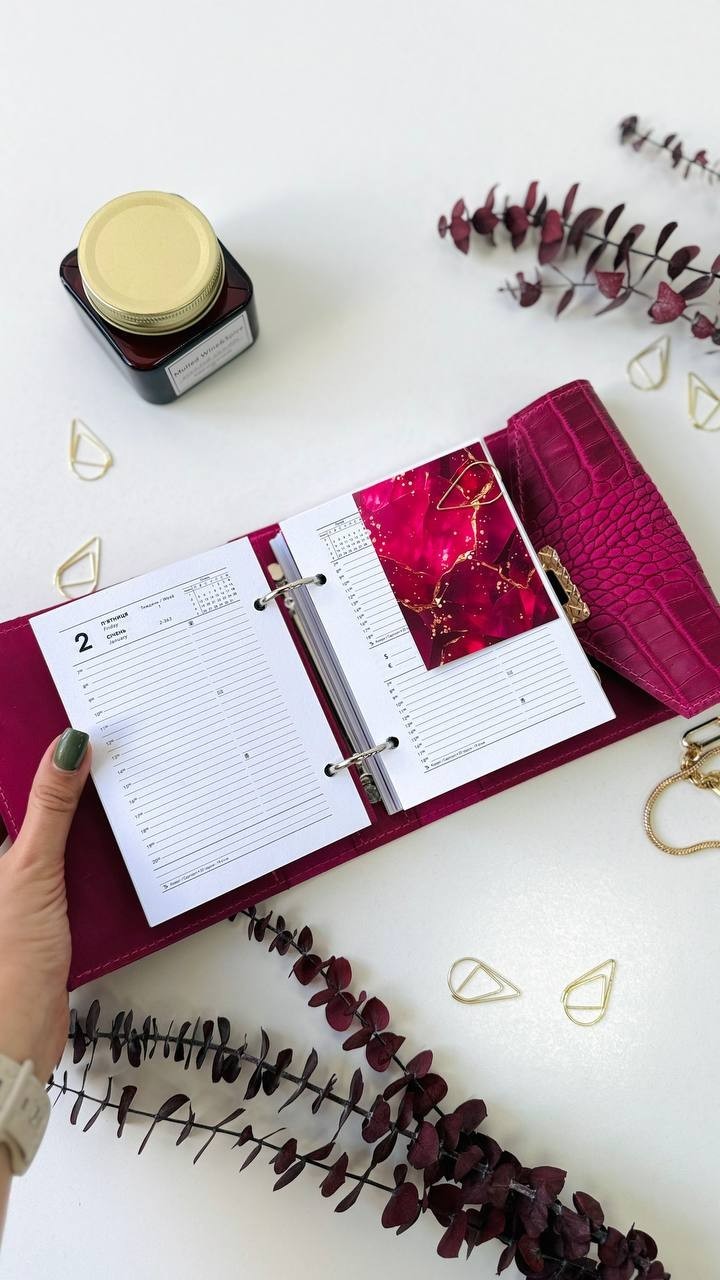 Pink leather notebook cover A7 binde rings mini wallet. Dated planner gift.