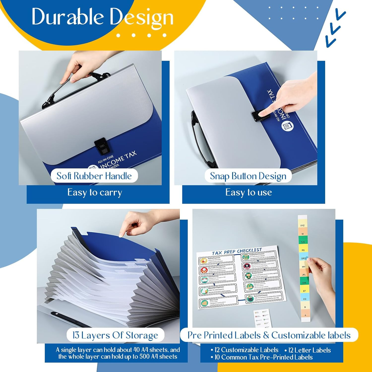 Tax Document Organizer with 13 Pockets, Portable A4 Expanding File Folder (Blue)