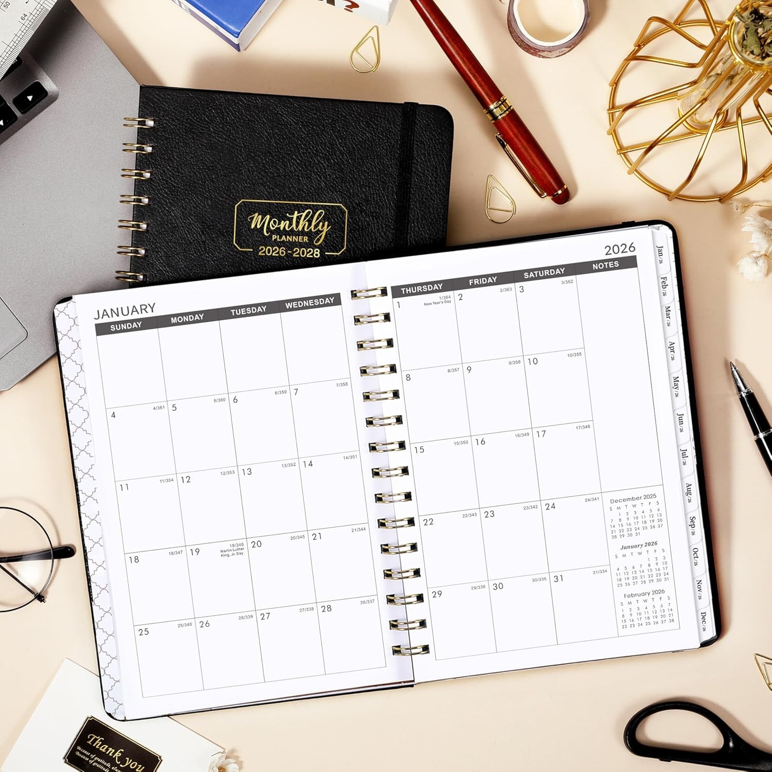 2025 2027 Monthly Planner Black Yearly Overview Thick Paper 6.4×8.5 Inches