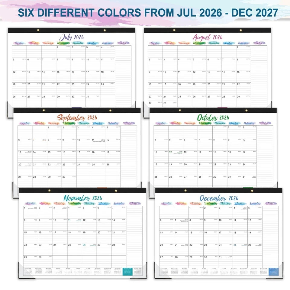 2026-2027 Desk Calendar – July 2026 – December 2027, 17″ x 12″, White