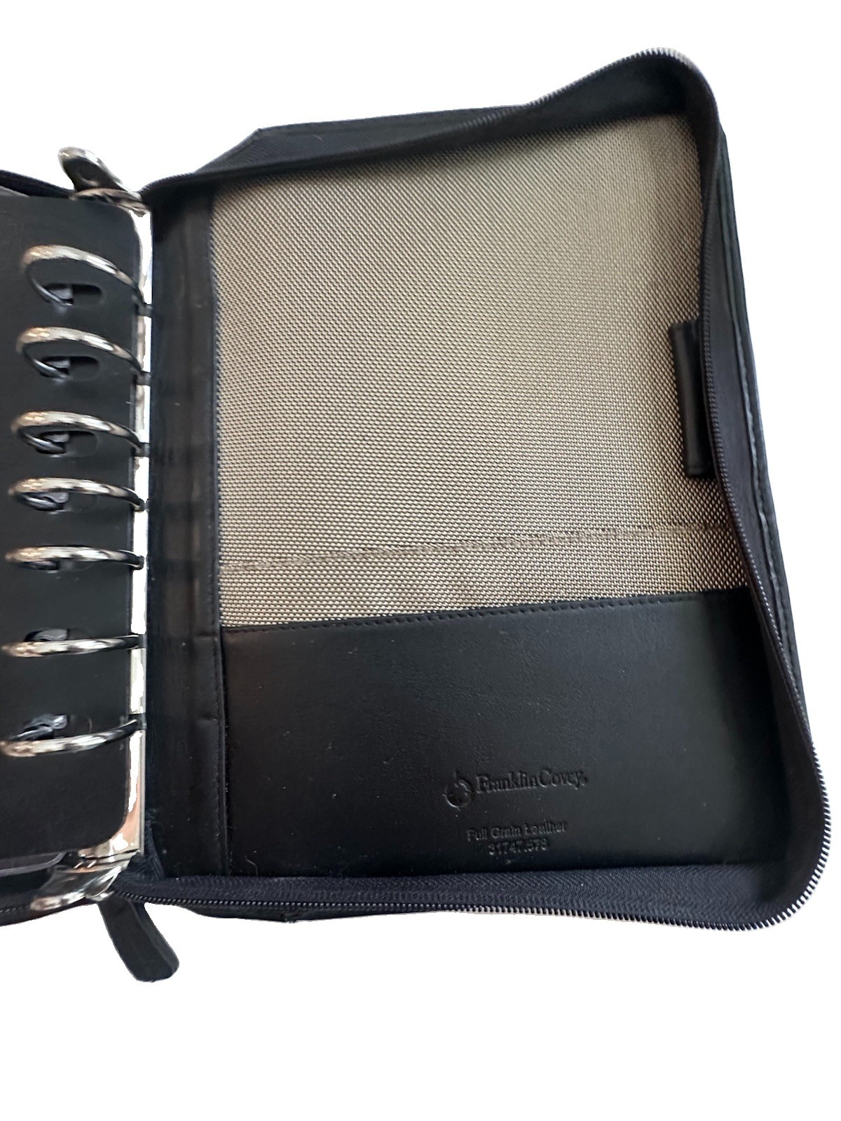 Vtg Franklin Covey Blk Full Grain Leather Planner Organizer 7 Ring Binder Zipper