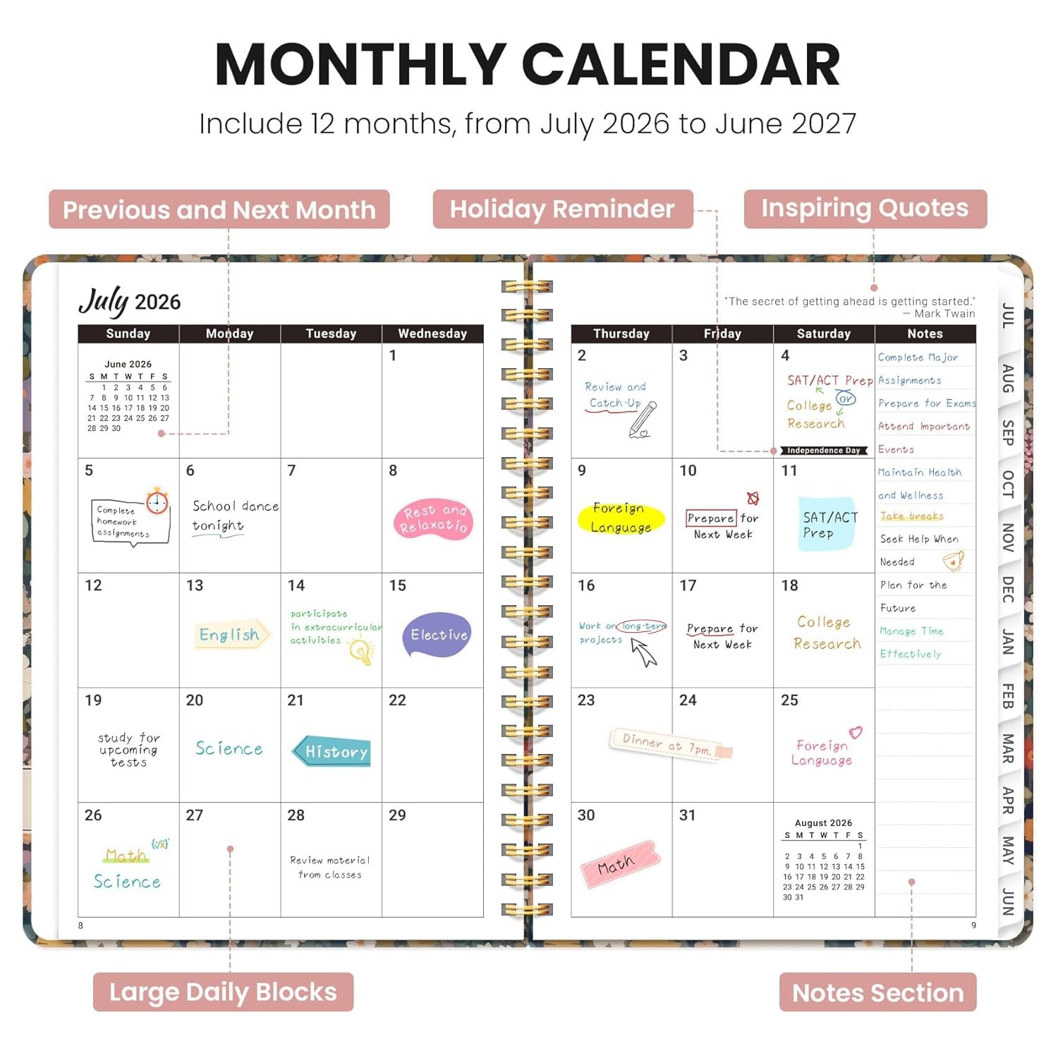 2027 Academic Monthly Weekly Planner A5 A-Garden Petals Size 6.3″x8.5″ July
