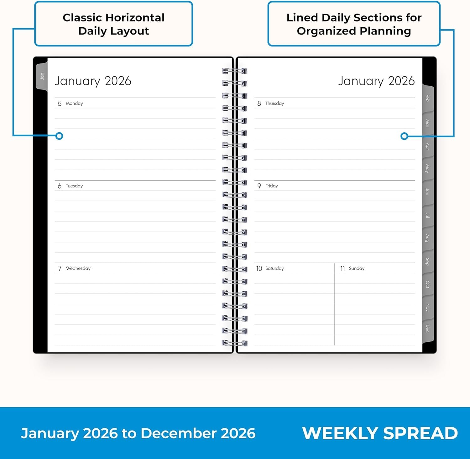 2026 Wirebound Planner – Monthly/Weekly Layouts, Flexible Cover, 5″ x 8″