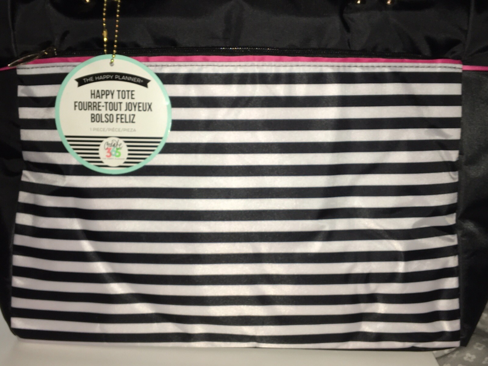 *NEW CREATE 365 MAMBI HAPPY PLANNER NYLON TOTE BLACK WHITE STRIPES HOT PINK*