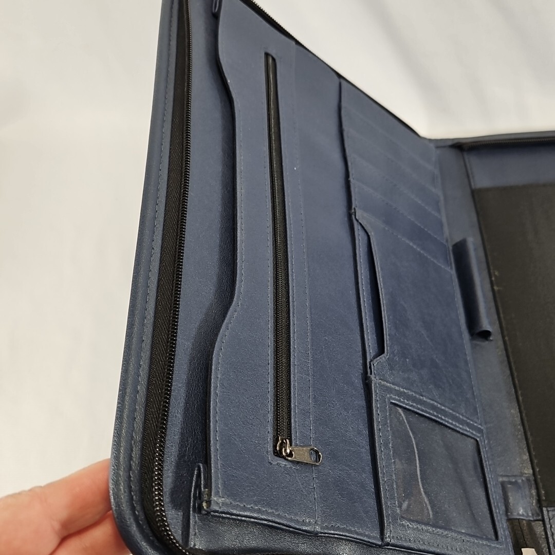 LEED’S Navy Blue Leather Organizer Folio Case Notepad Planner Folder Zips