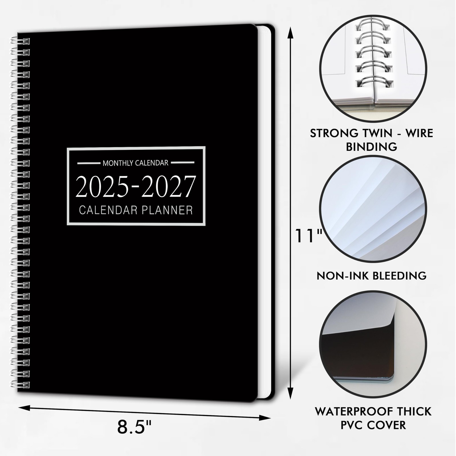 2025 2027 Planner, 24 Months Academic Calendar, Hard Cover, Spiral Bound, Black