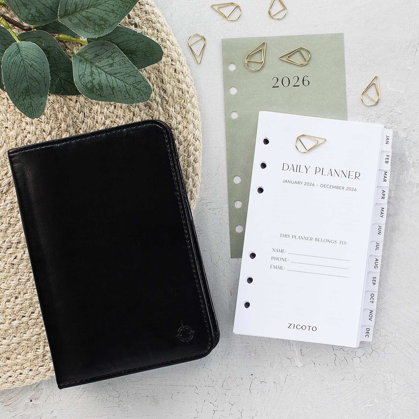 Black White 2026 Daily Planner Personal Size 6 Ring 3.75 x 6.75 Inch