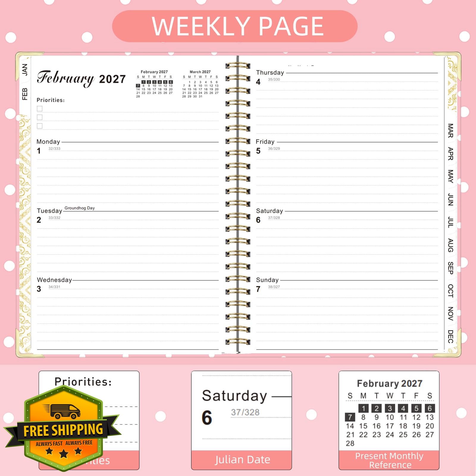 Knagsfa 2026-2027 planner pink white polka dots