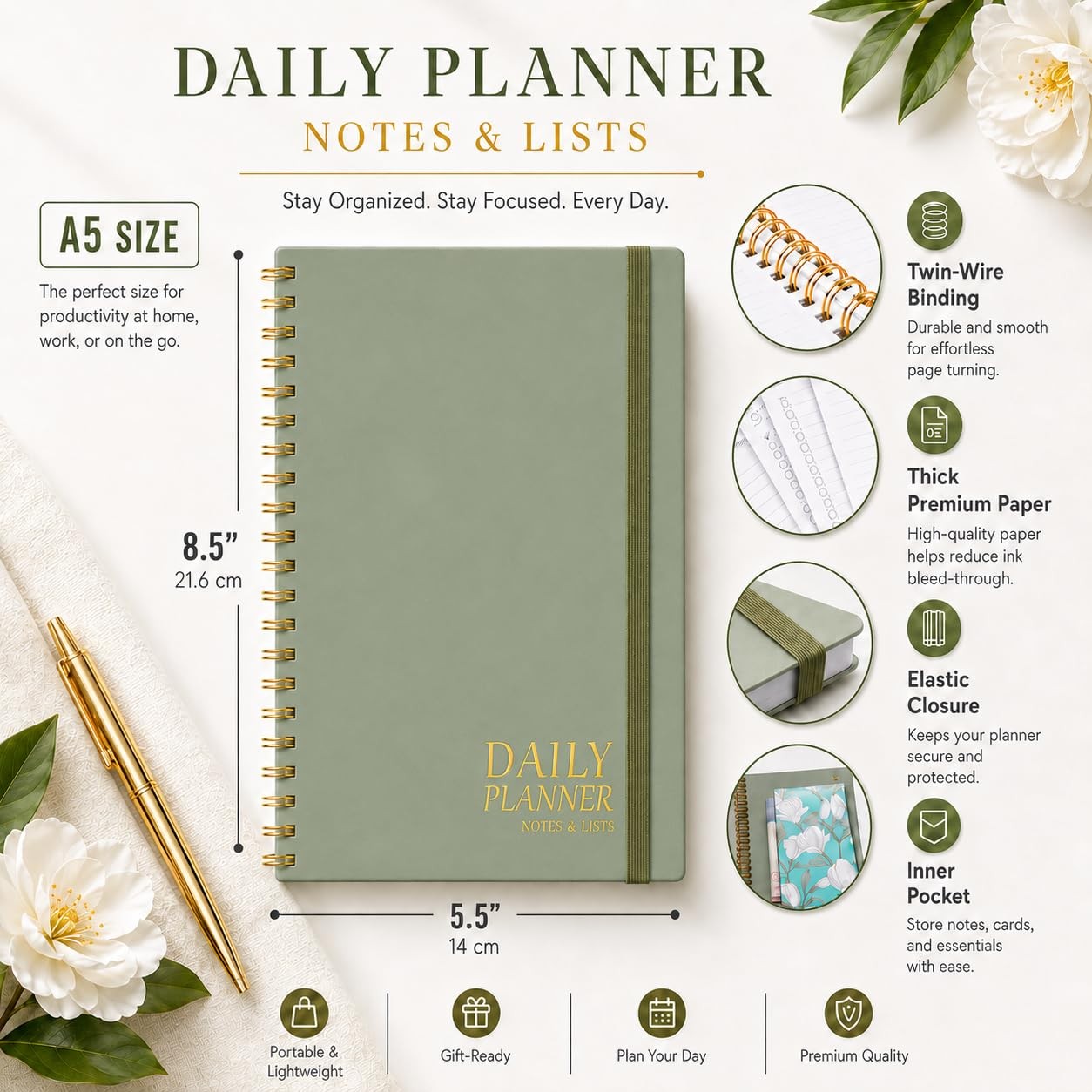 Daily Planner Undated – Simplified To Do List 5.5 x 8.5 inches, a.Green