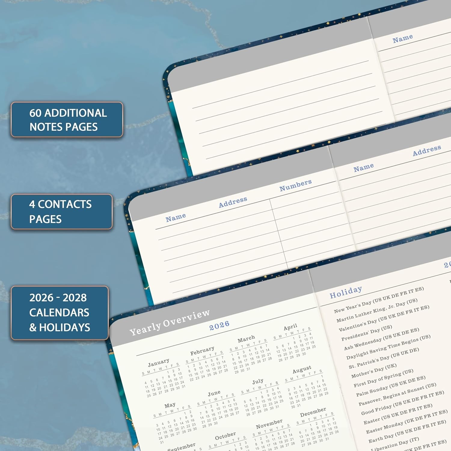 Elegant 3- Pocket Planner 2026-2028 – Compact Monthly Organizer 6.4″ x 3.8″