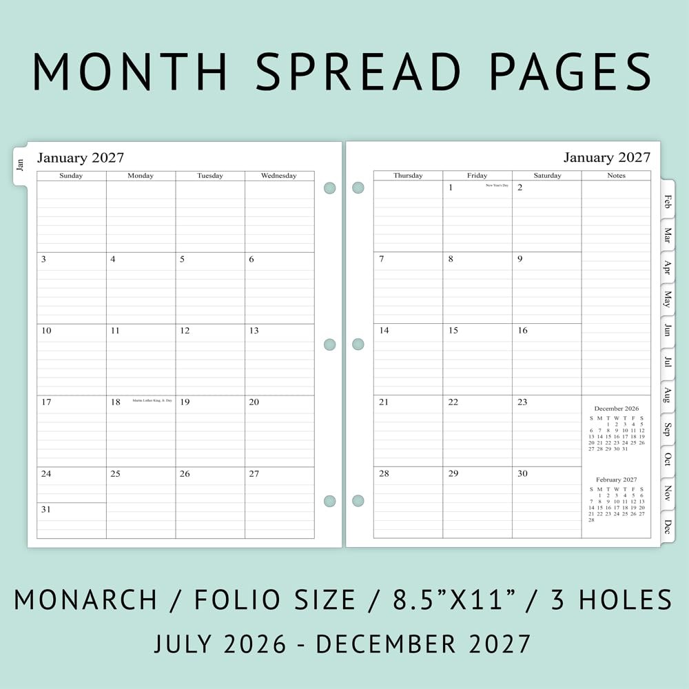 newestor 2026-2027 Monthly Planner Refill Monarch/Size 5 (8.5″x11″), White