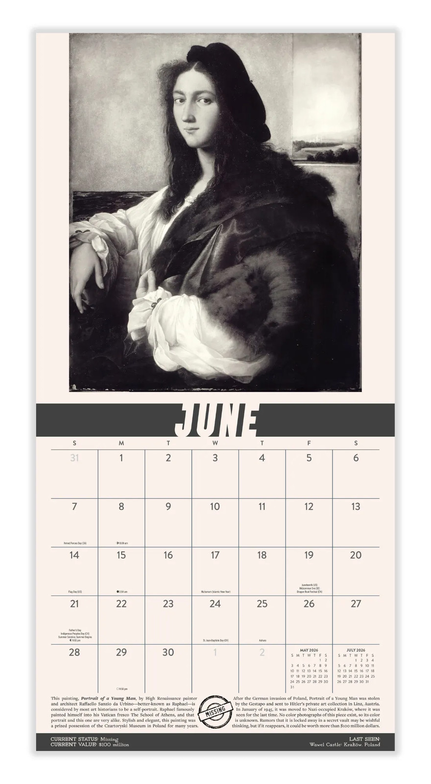 Stolen Art Calendar 2026 | 12″ x 24″ 12 Month Calendar | Marble City Press