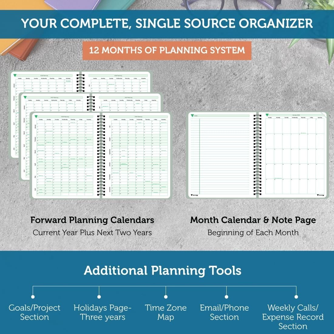 2026 Organizer Spiral Bound Calendar 12 Weekly Plan Green Grey