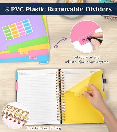 Spiral Notebook Journal with Removable Dividers Tabs, 300 Pages Hardcover Lea…