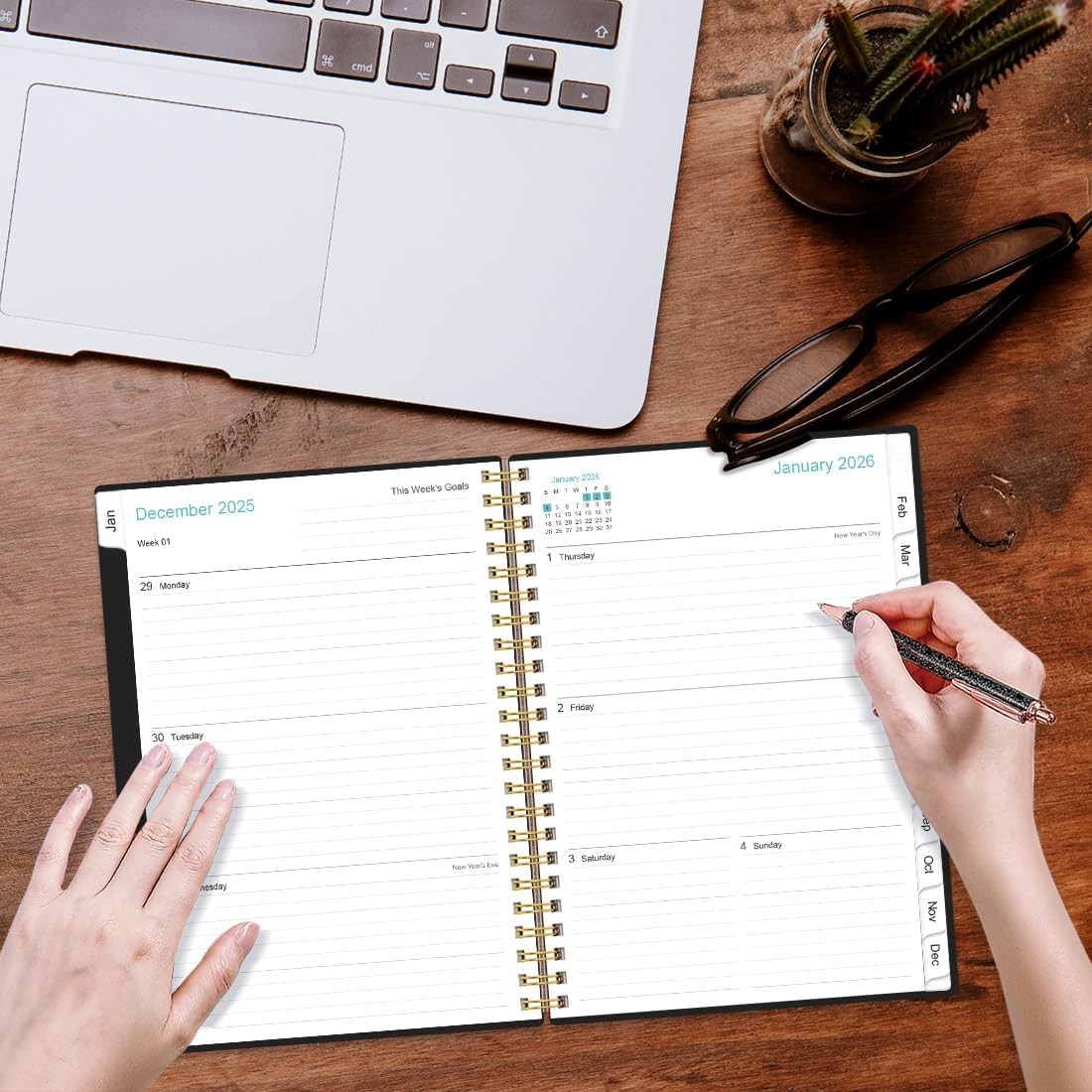 2026 Planner Jan-Dec Weekly Monthly Spiral Bound Tabs Pocket 6.4×8.5 Black