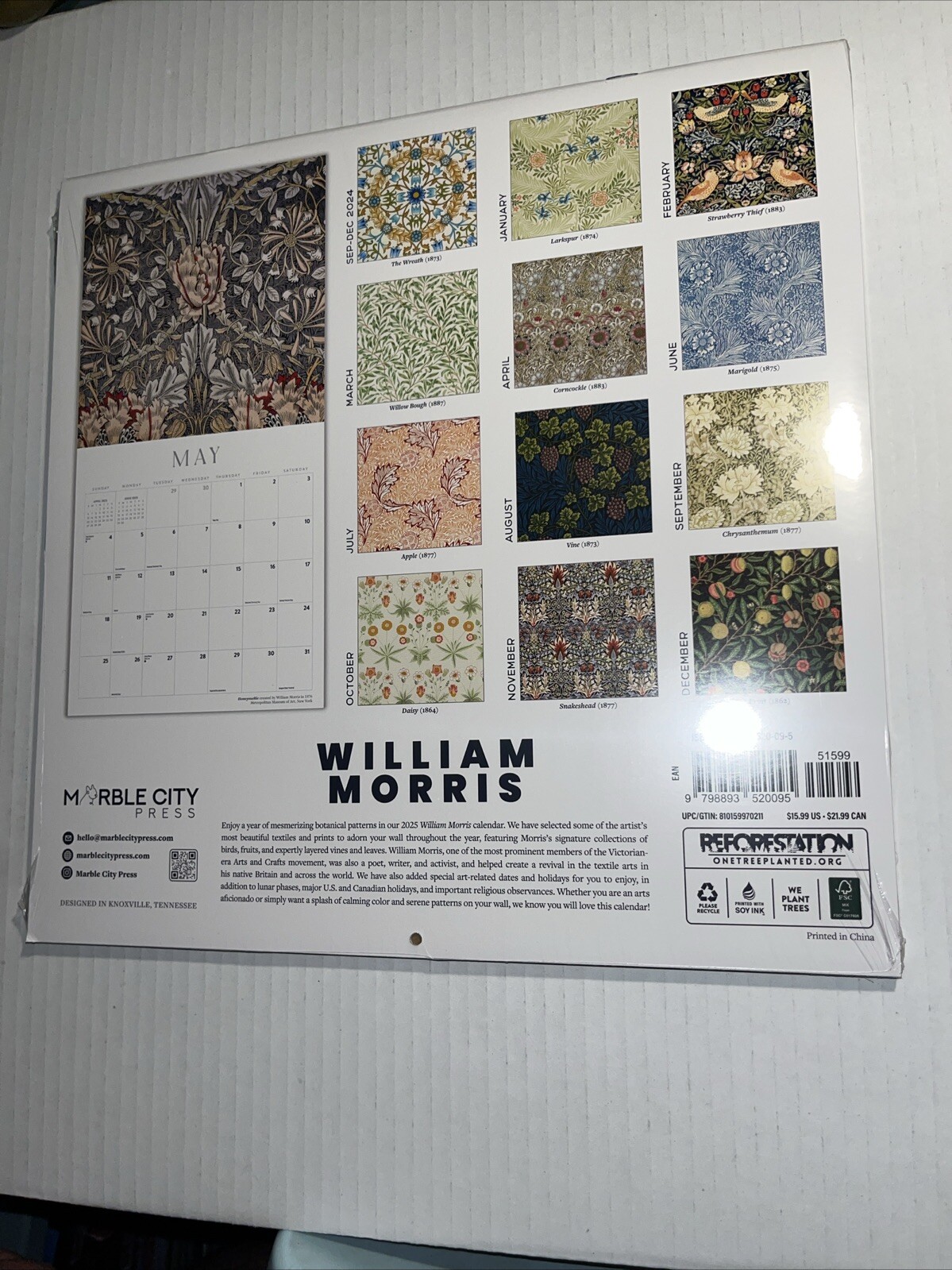 William Morris 2025 Wall Calendar 12 Month Marble City Press