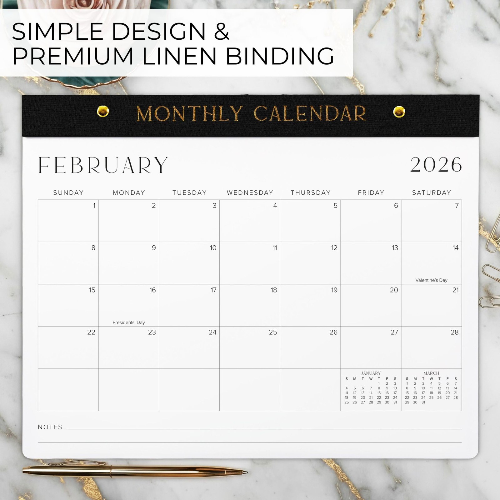Aesthetic 2026-2027 Desk Calendar – Runs From January 2026 Until July Black