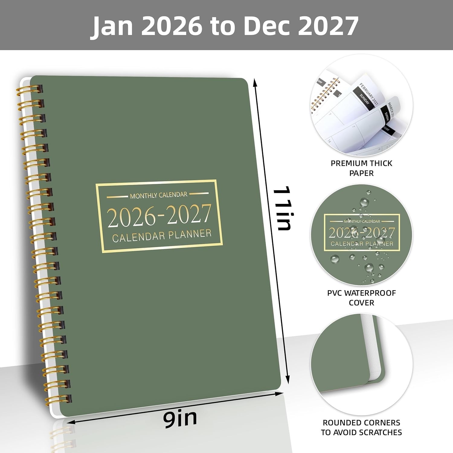 Monthly Planner 2026-2027 Water Resistant PVC Cover Spiral Bound Calendar for…