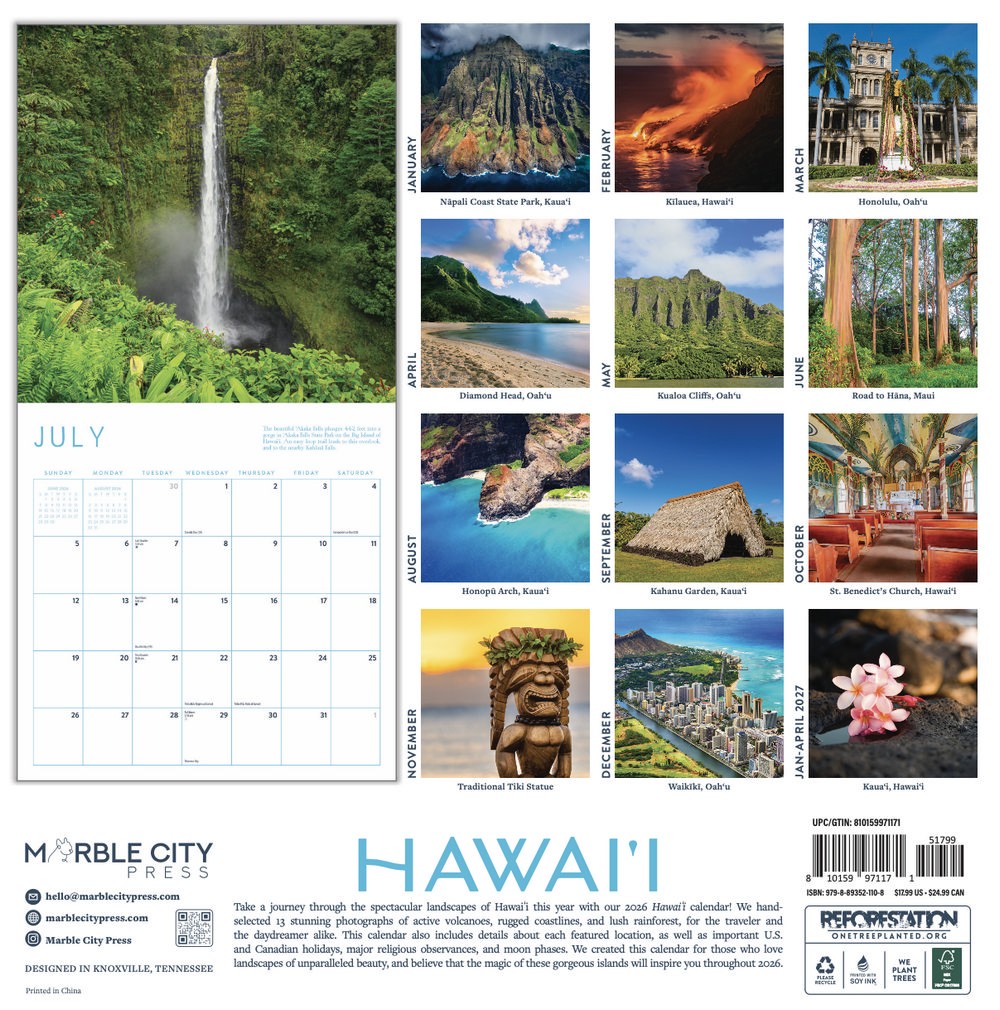 Hawaii Calendar 2026 | 12″ x 24″ 12 Month Calendar | Marble City Press