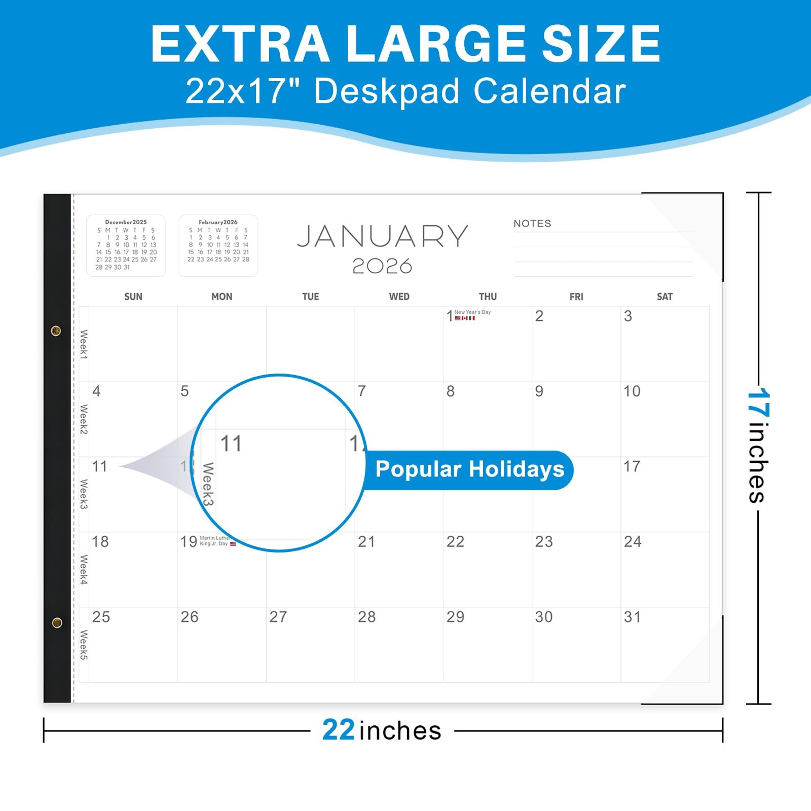 2026 Desk Calendar Large 22×17 – 22″W x 17″H, Concise (Jan 2026 – June 2027)